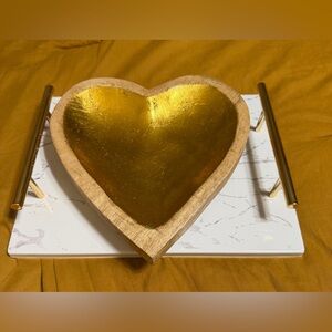 Gold Heart-Shaped Wooden Bowl and White Marble
Metal Tray bundle